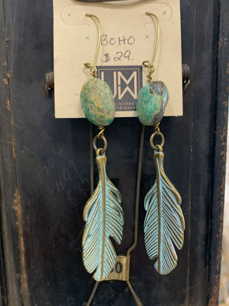 Feather& Stone Verdigris earrings