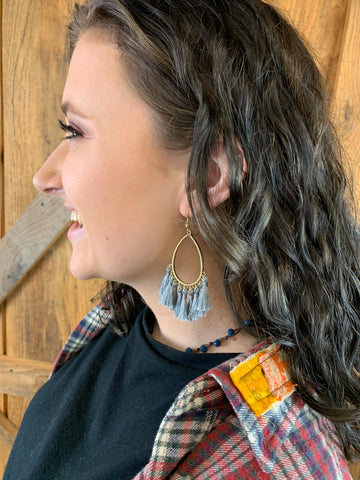 Grey Tassel Hoop Earrings