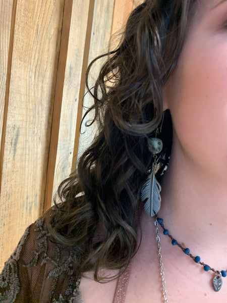 Feather& Stone Verdigris earrings