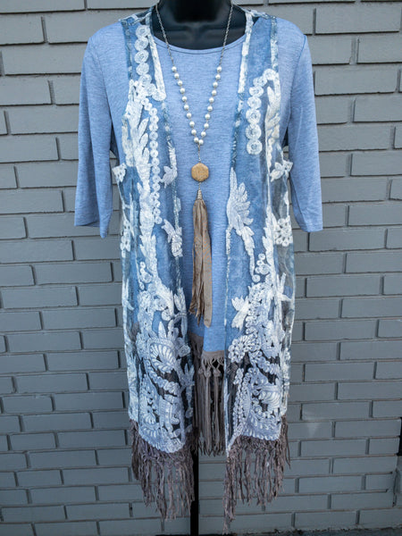 Grey Lace and Fringe Vest