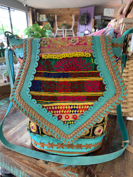 Boho Indie Aqua Leather Handbag