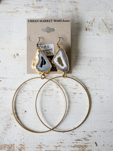 Geode Hoops-Grey/White Agate