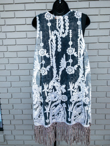 Grey Lace and Fringe Vest