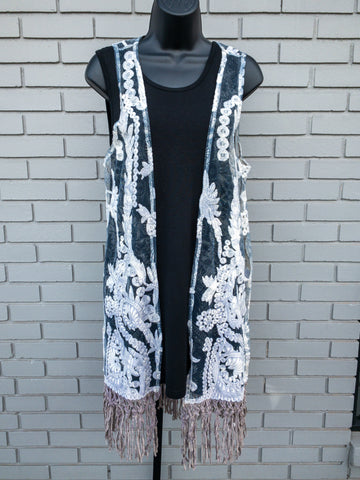 Grey Lace and Fringe Vest