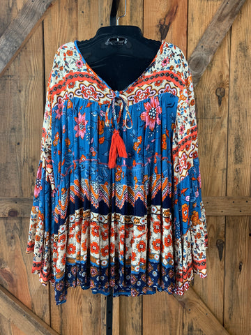 Blue and orange print blouse