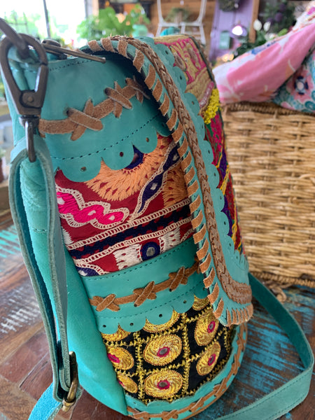 Boho Indie Aqua Leather Handbag